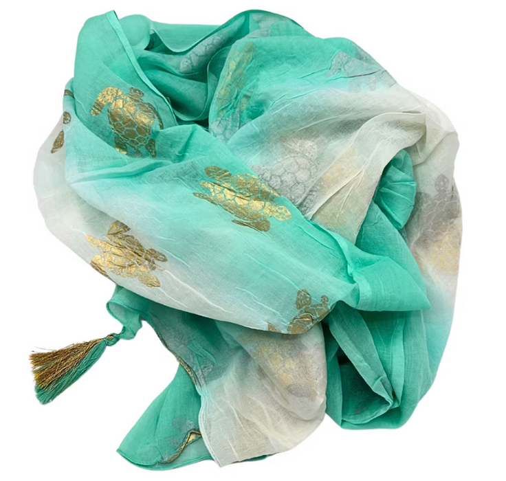 Nomad Sari Pareo – Weiss-Türkis mit Goldschildkröte | Handbemalt aus Indien