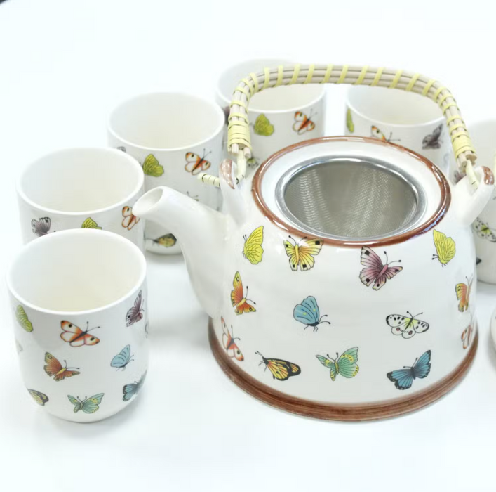 Teeservice Schmetterlinge – 7-teiliges Teeset aus Keramik mit Teekanne, Edelstahlsieb & 6 Tassen