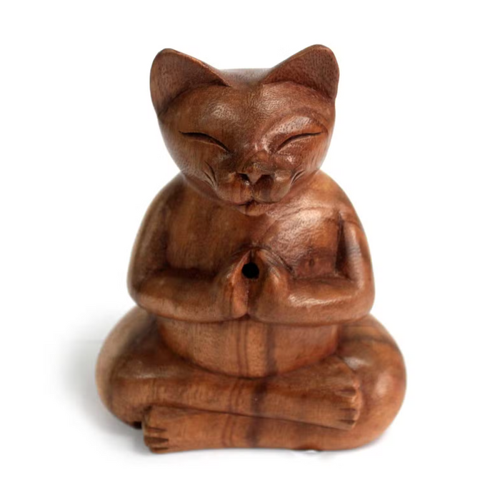 Räucherkegelhalter Yoga Katze – Large aus handgeschnitztem Suarholz