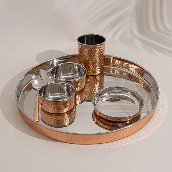 Kupfer Thali Set – 7-teilig mit Edelstahl-Innenseite