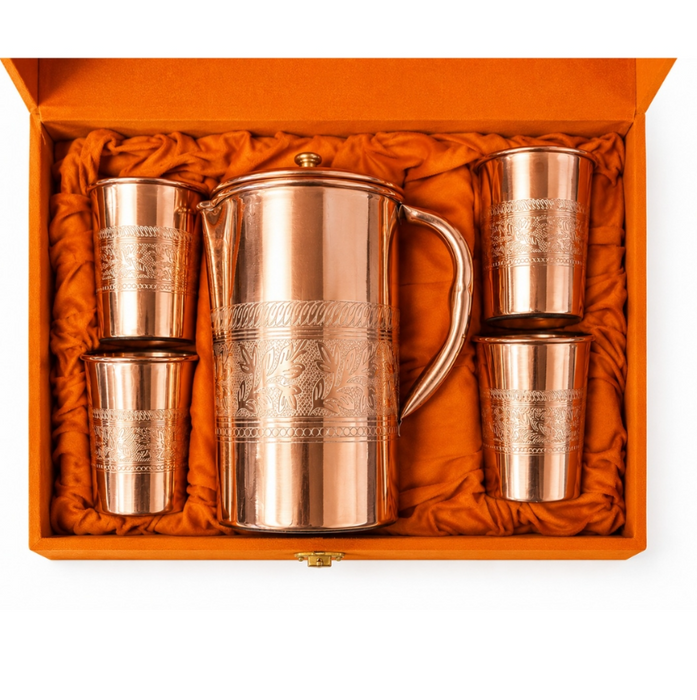 Kupferkaraffen-Set 1,5 Liter Floral – Reine Kupferkaraffe mit 4 Kupferbechern & Samt-Geschenkbox