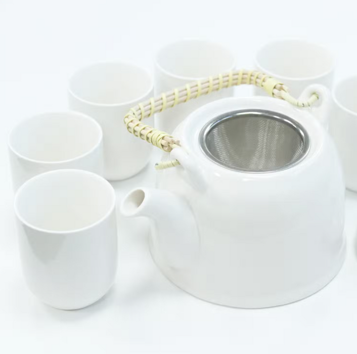 Teeservice Weiss – 7-teiliges Teeset aus Keramik mit Teekanne, Edelstahlsieb & 6 Tassen