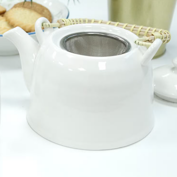Teeservice Weiss – 7-teiliges Teeset aus Keramik mit Teekanne, Edelstahlsieb & 6 Tassen