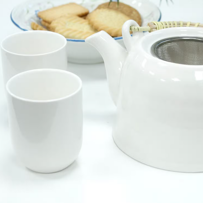 Teeservice Weiss – 7-teiliges Teeset aus Keramik mit Teekanne, Edelstahlsieb & 6 Tassen