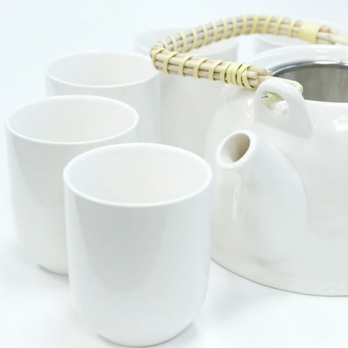 Teeservice Weiss – 7-teiliges Teeset aus Keramik mit Teekanne, Edelstahlsieb & 6 Tassen