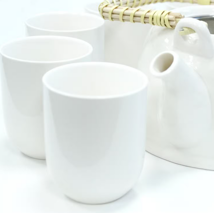 Teeservice Weiss – 7-teiliges Teeset aus Keramik mit Teekanne, Edelstahlsieb & 6 Tassen