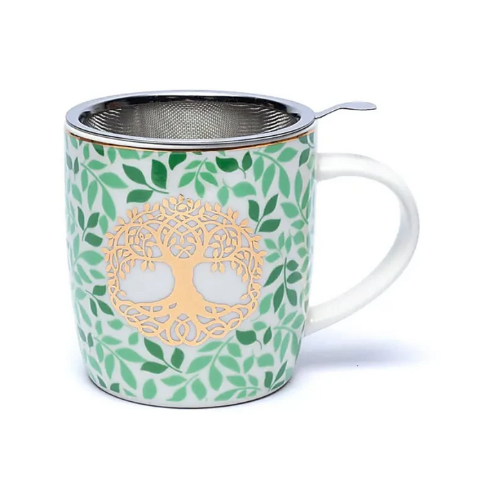 Teetasse Lebensbaum mit Edelstahlsieb & Deckel – Grün und Gold