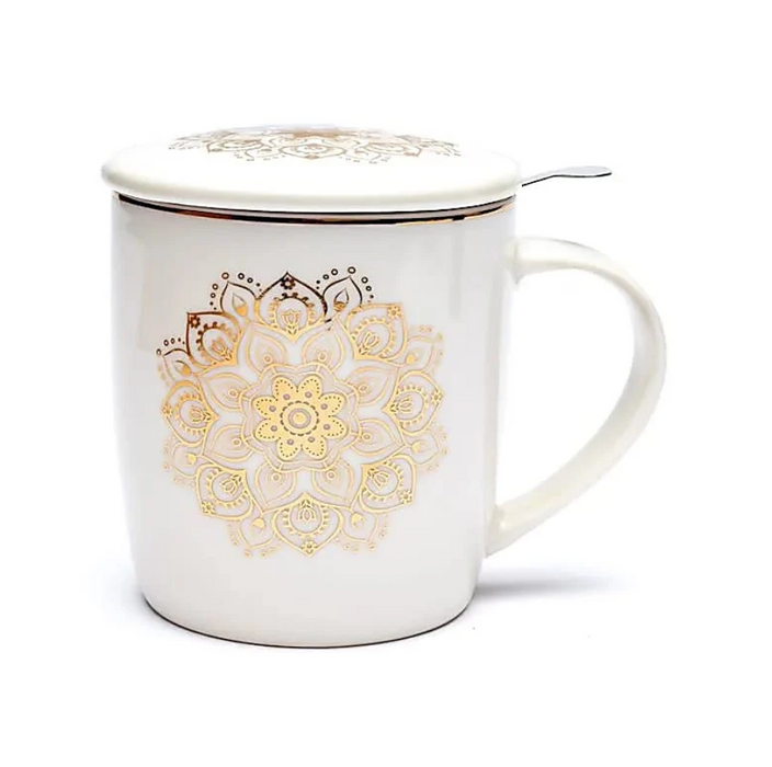 Teetasse mit Edelstahlsieb & Deckel – Weisses Mandala