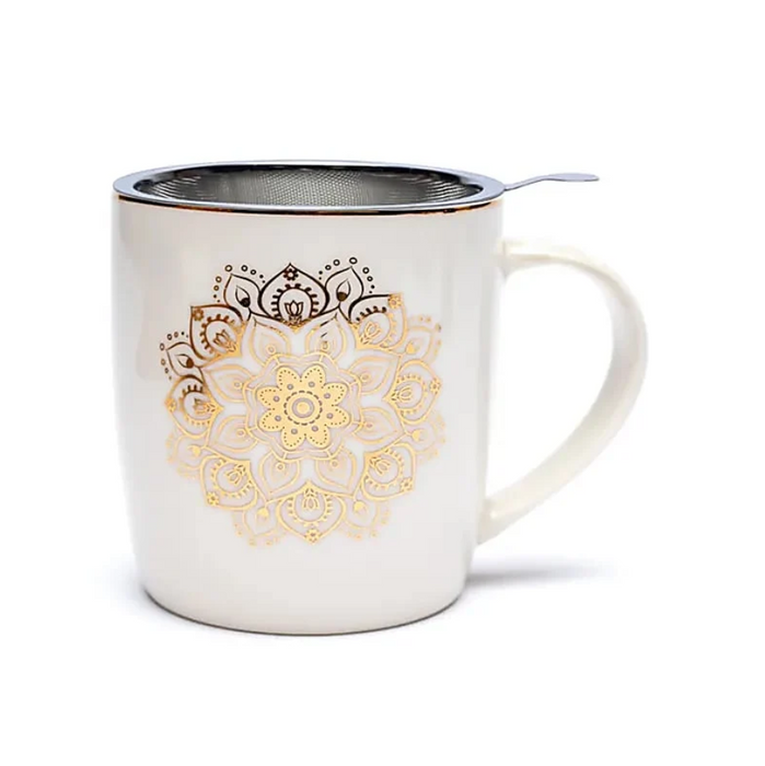 Teetasse mit Edelstahlsieb & Deckel – Weisses Mandala