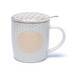 Teetasse Blume des Lebens mit goldfarbenem Motiv, feinem geometrischem Muster, Edelstahlsieb und Deckel