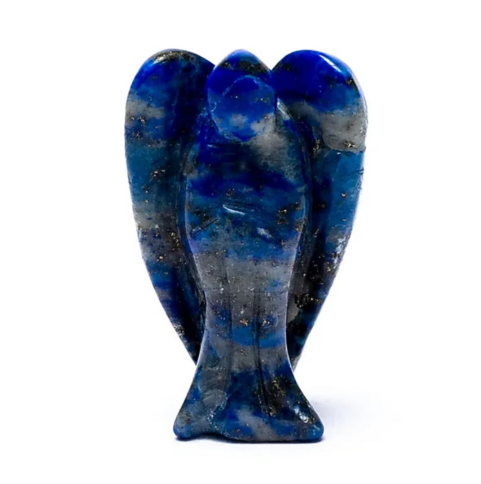Engelfigur aus blauem Lapislazuli mit hellen Einschlüssen und goldfarbenen Pyritsprenkeln