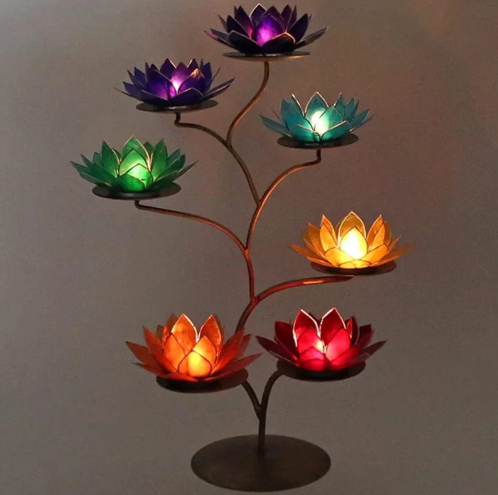 Chakra Lotus-Teelichthalter Set – Metallständer mit 7 Blüten