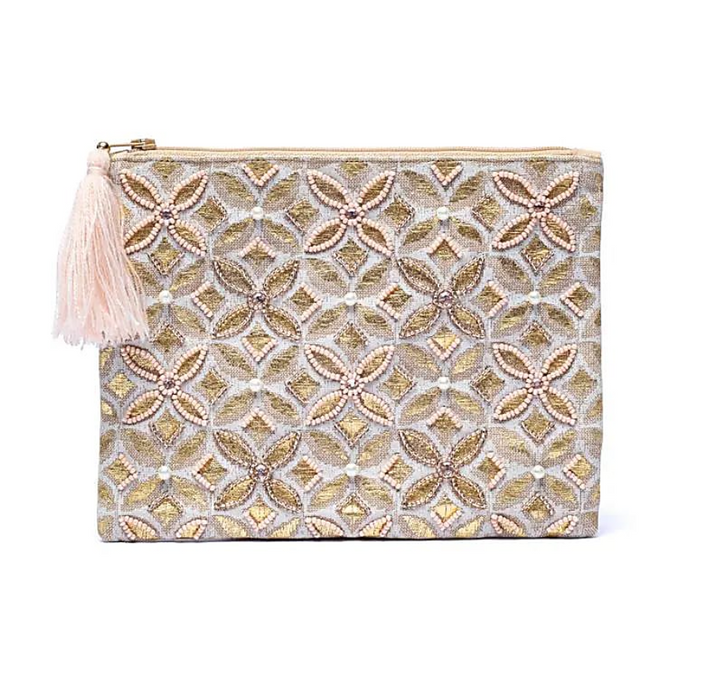 Samttäschchen in Beige und Gold mit Blume-des-Lebens-Stickerei, Zierperlen und heller Quaste am Reissverschluss