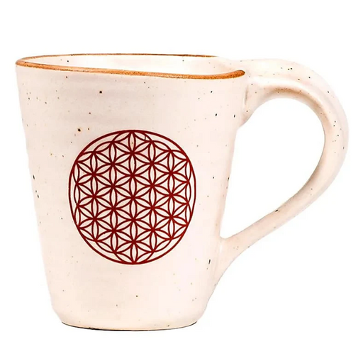 Beiger Tee- und Kaffeebecher aus Keramik mit Blume-des-Lebens-Motiv und Henkel
