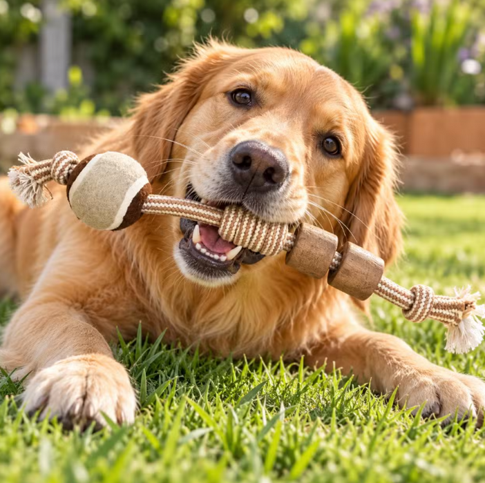 Hundespielzeug aus Kaffeeholz & Seil – Spielstab mit Ball