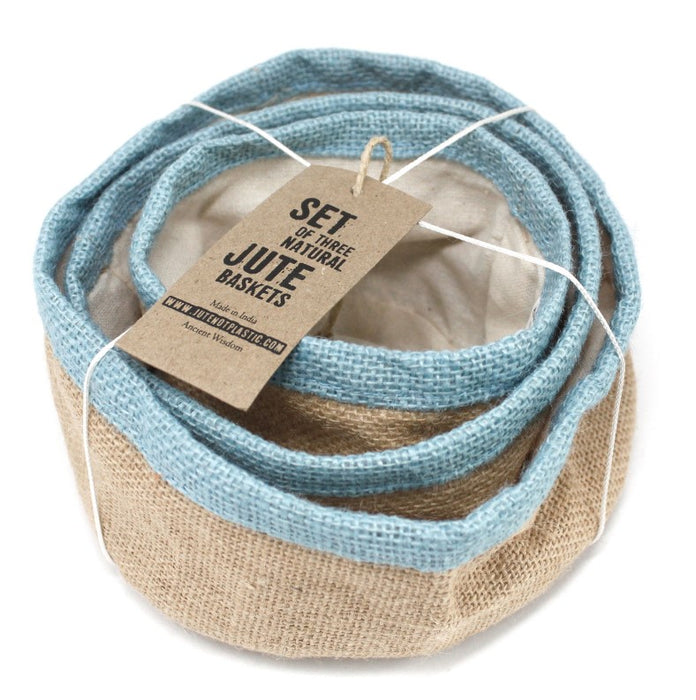 3er Set Jutekörbe Blaugrün – mit Baumwollfutter