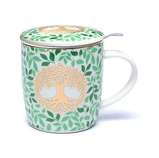Teetasse Lebensbaum mit grünem Blätterdesign, goldfarbenem Lebensbaum-Motiv und weissem Henkel