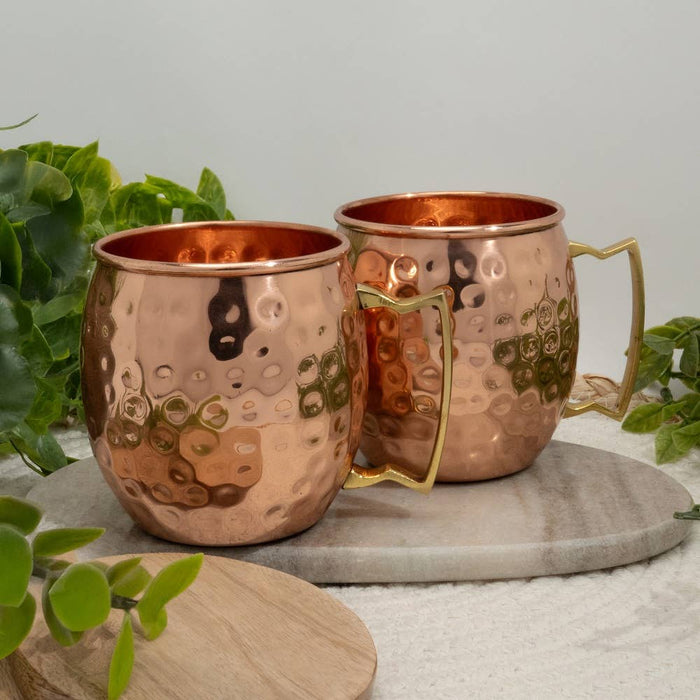 Kupferbecher Set 2er gehämmert 470 ml – aus reinem Kupfer mit Griff