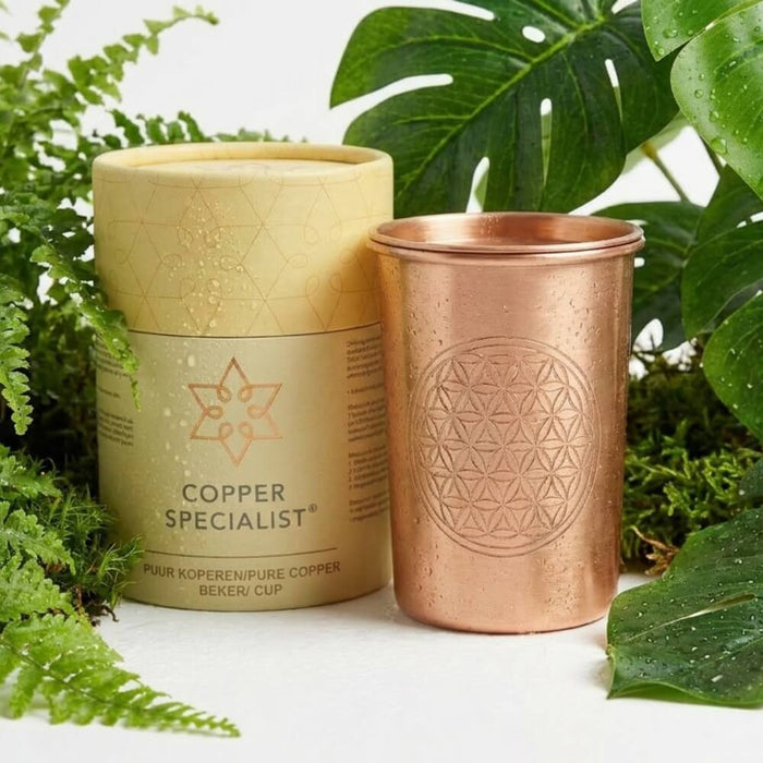 Kupferbecher Flower of Life – 300 ml aus reinem Kupfer mit Deckel & Geschenkverpackung