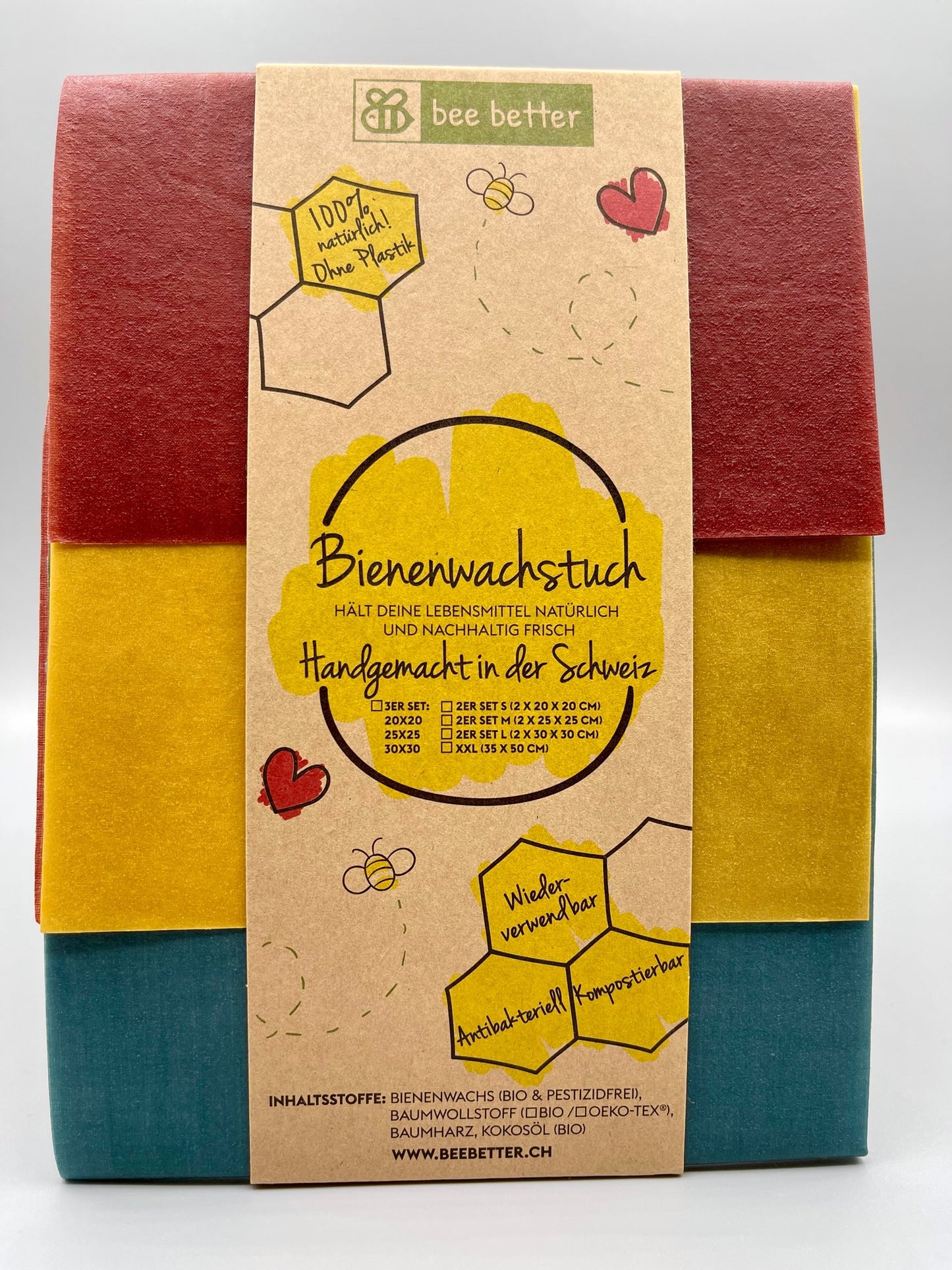 Bio Bienenwachstuch 3er Set - Red Gold & Green
