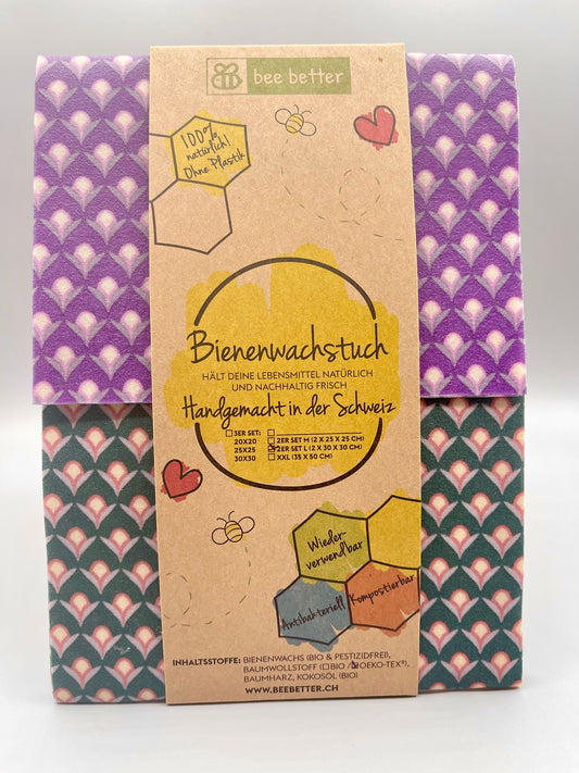 Bienenwachstuch 2er Set Medium - Tulpen violett/grün