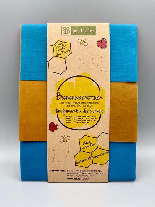 Bio Bienenwachstuch 3er Set - Pure türkis/senf
