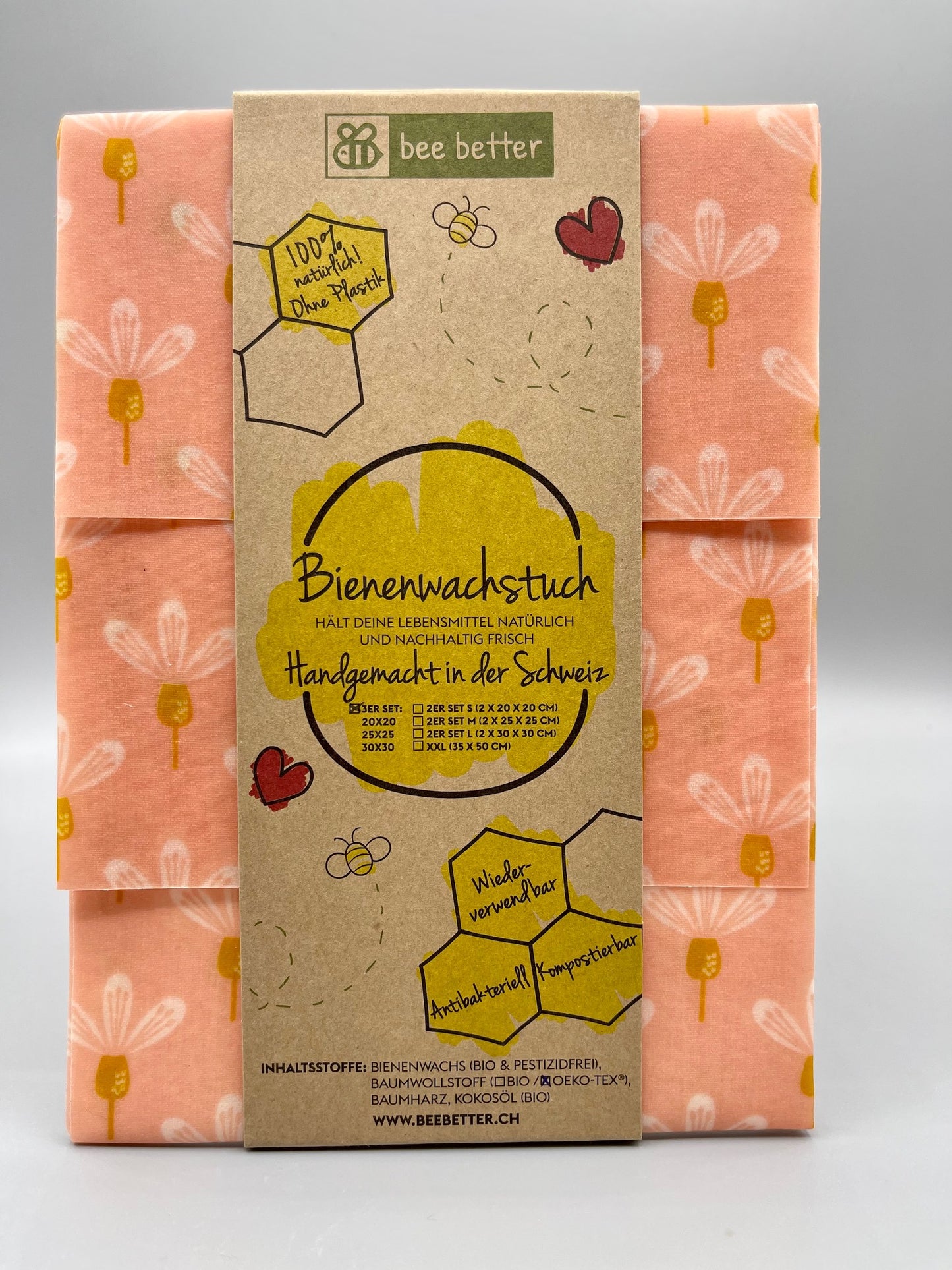 Bienenwachstuch 3er Set - Flower Power rosé