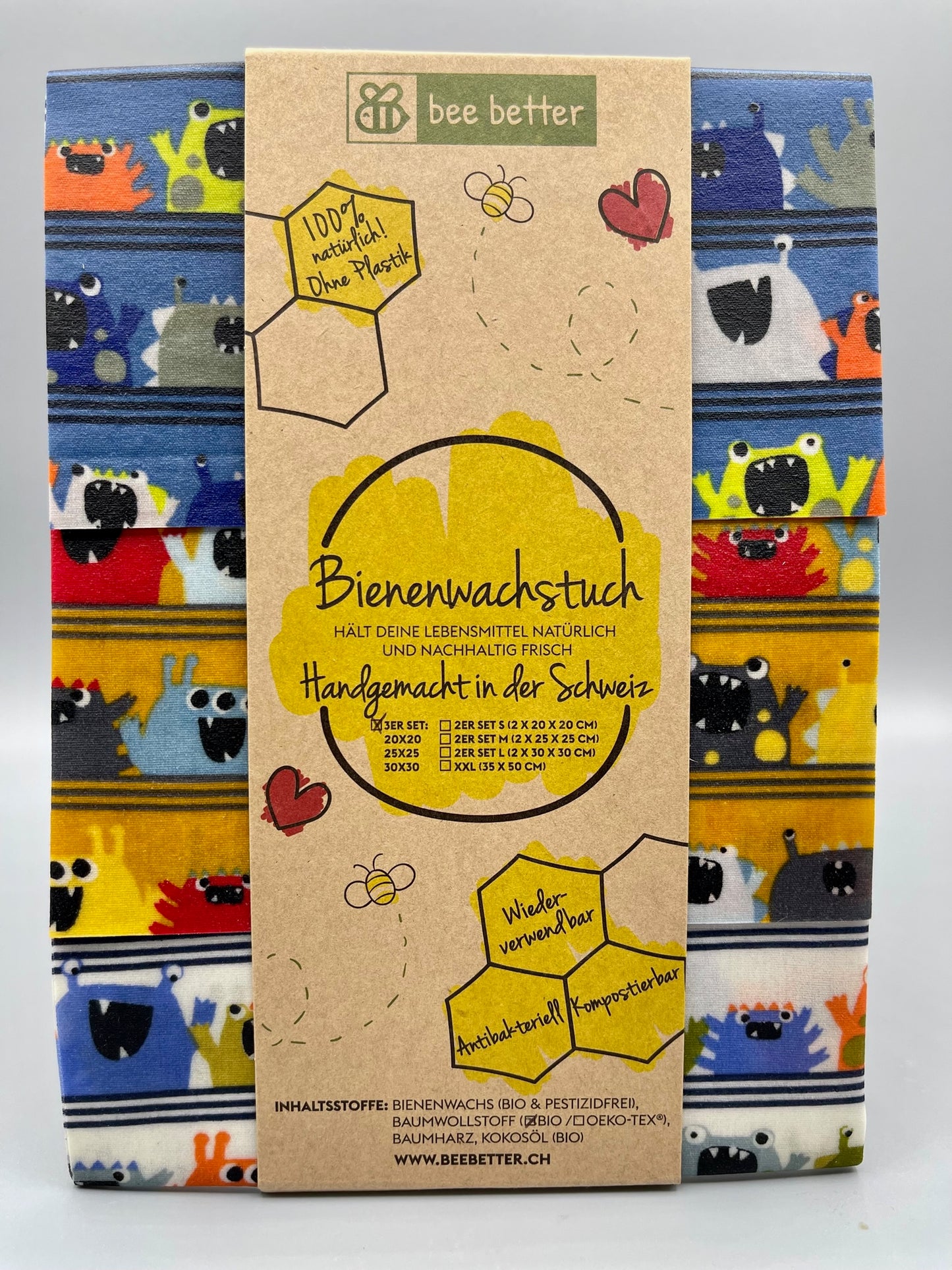 Bio Bienenwachstuch 3er Set - Monsteralarm